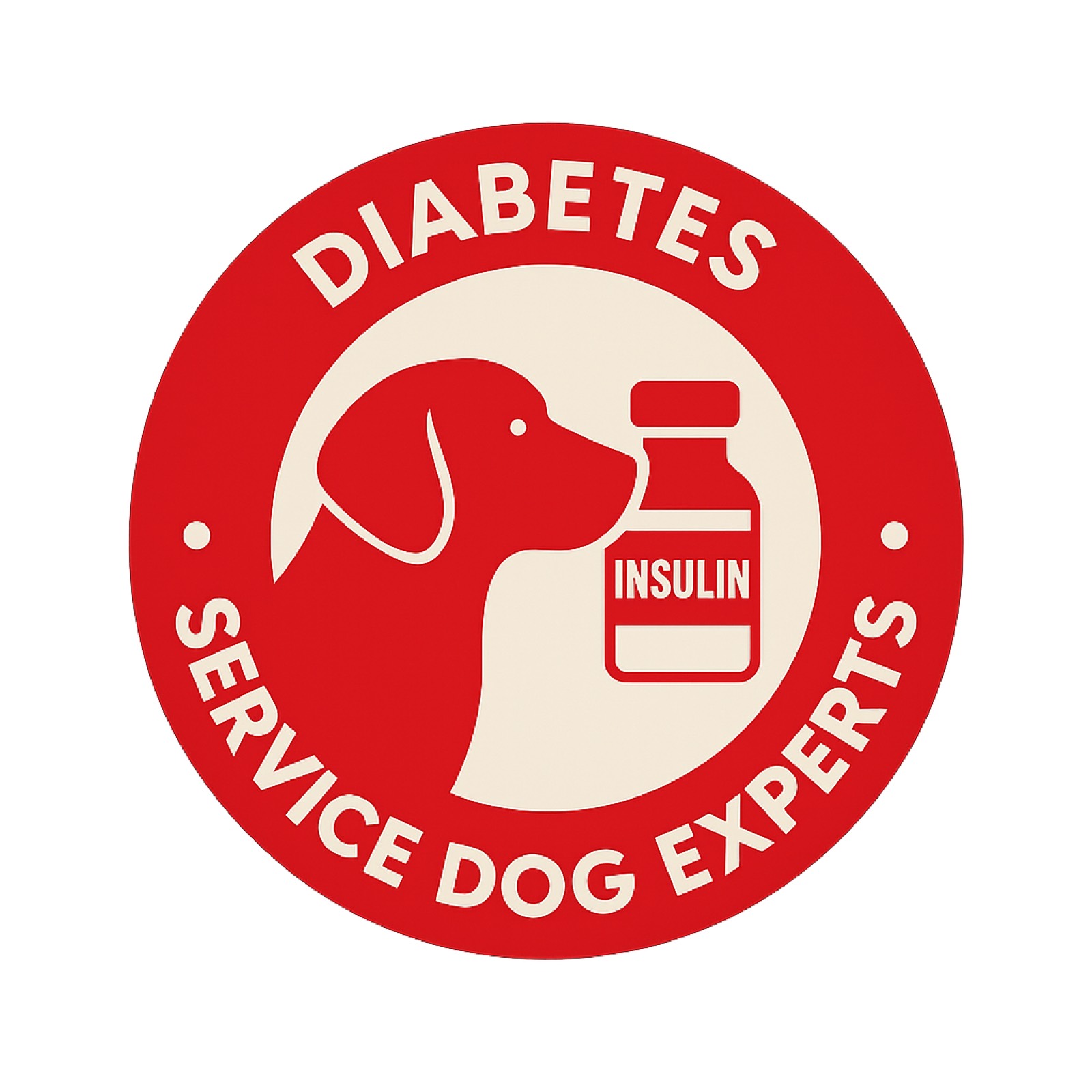 Service Dog Experts diabetes program badge: a dog beside a vial of insulin