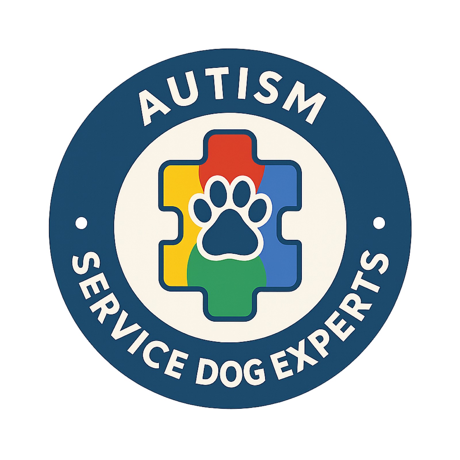 Service Dog Experts autism program badge: a paw print inside a four-color puzzle piece