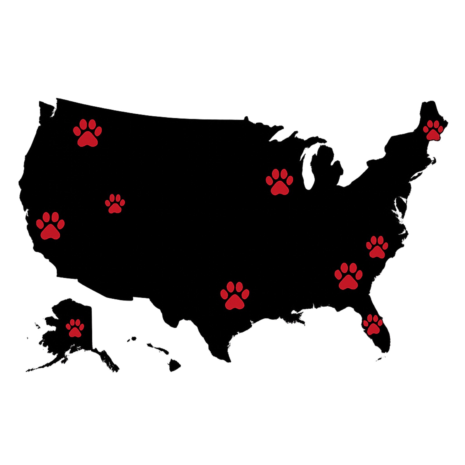 A silhouette map of the United States marked with red paw prints from coast to coast