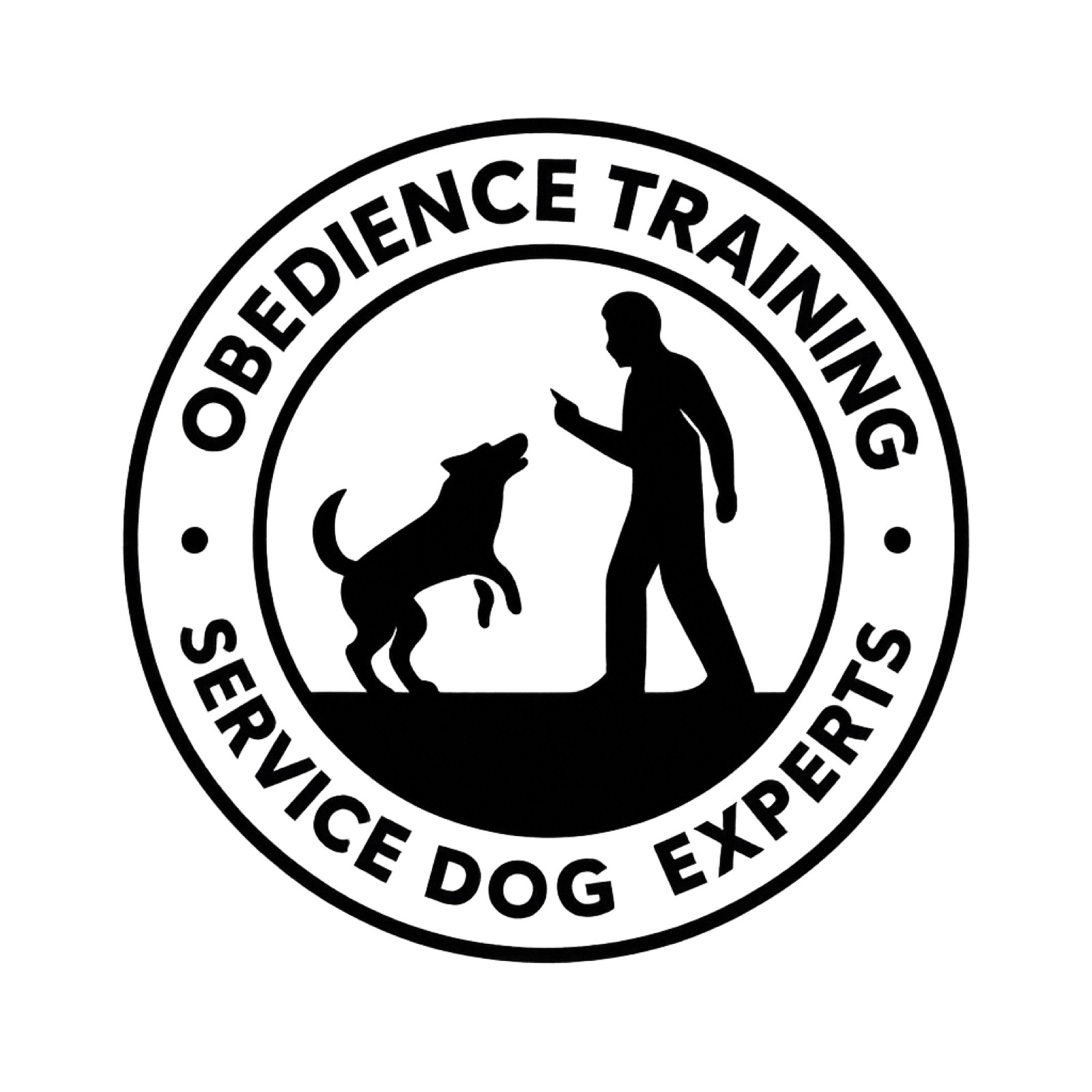 Service Dog Experts obedience training badge: a person giving a hand signal to an attentive dog