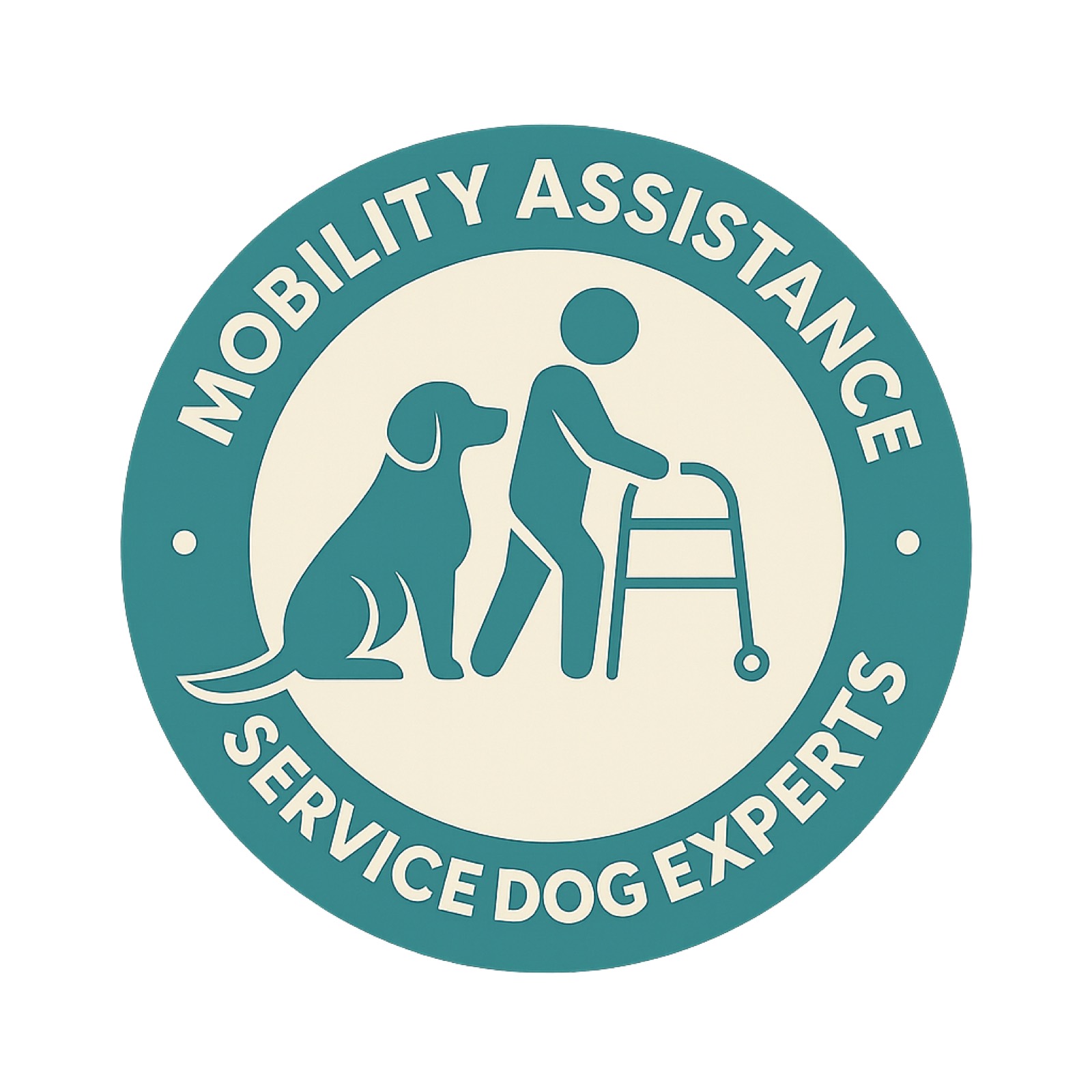 Service Dog Experts mobility assistance program badge: a seated dog beside a person using a walker