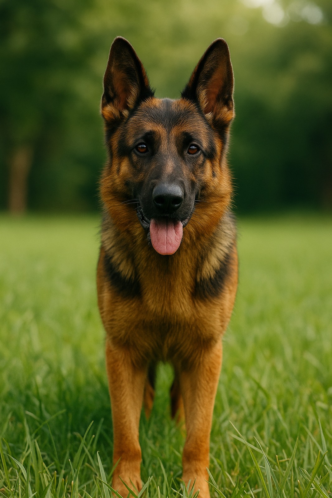 A German shepherd standing in a field of grass