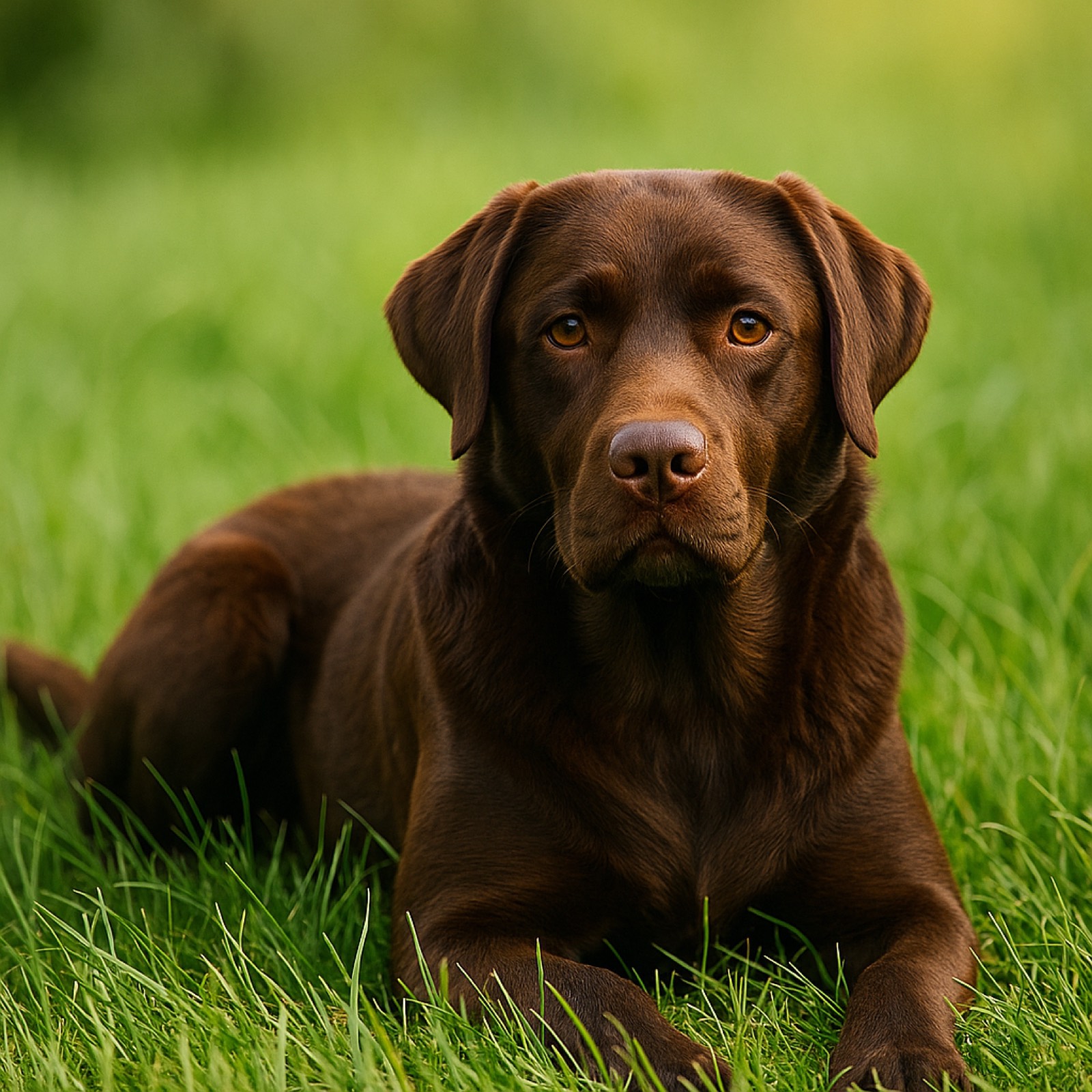 A chocolate Labrador resting calmly in green grass