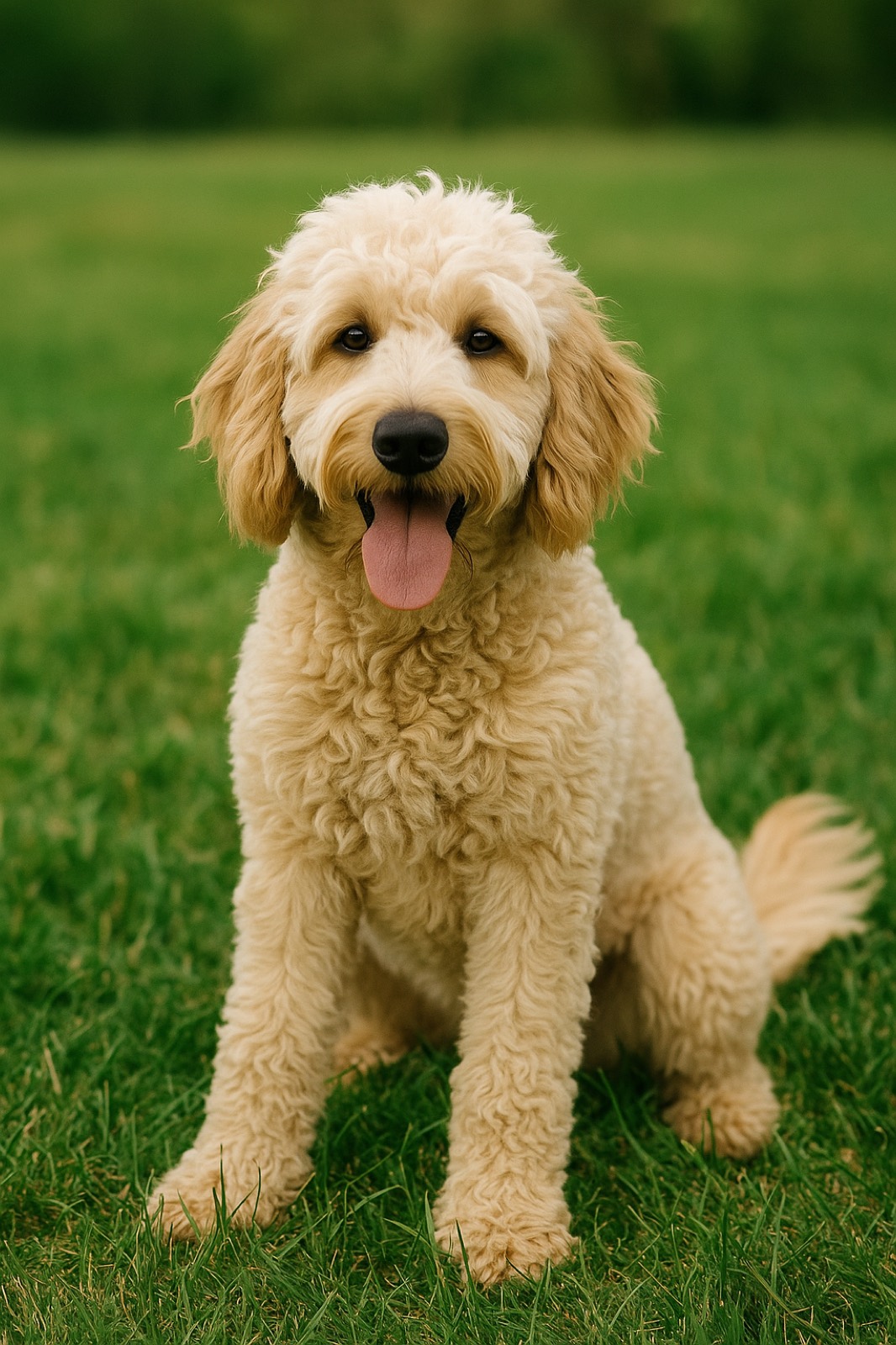 A cream-colored curly-coated dog sitting in the grass