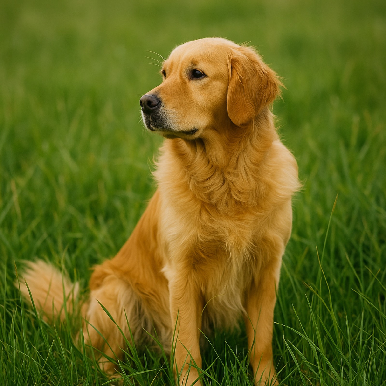 A golden retriever sitting in tall grass, looking calmly into the distance